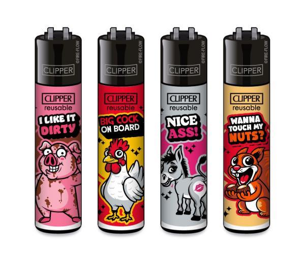 Clipper CLASSIC Large – Sexy Animals 4er Set mit Schwein, Hahn, Esel und Eichhörnchen; freche Slogans, nachfüllbar, Softflame, Stopfhilfe.